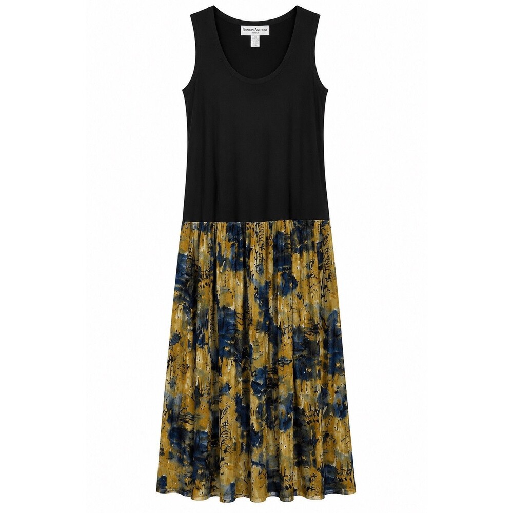 Sharon Anthony Dress Women's 16W Blue Batik Pleated Maxi Scoop Neck Sleeveless